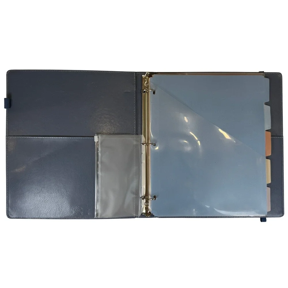 Blue Faux Leather 3-Ring Binder Clipboard Organizer with Dividers and Pockets